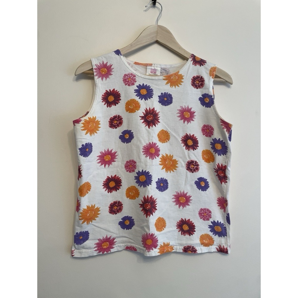 Vintage 90s Y2K Hanes Sleeveless Tank Women Medium Flower Daisy Cotton FLAW